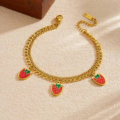 304 Stainless Steel Enamel Red Strawberry Charm 2-Strand Bracelets for Women WG018B1-01-1