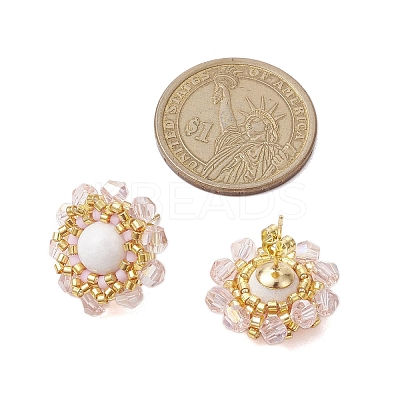 Flower Glass Seed Beaded with Natural Mashan Jade Stud Earrings for Women EJEW-MZ00208-02-1