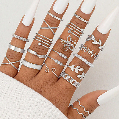 21Pcs Alloy with Plastic Pearl Finger Rings WGAC171-01-1