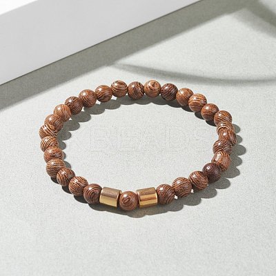 Natural Wenge Wood Round Beaded Stretch Bracelet with Synthetic Hematite for Men Women BJEW-JB07549-03-1