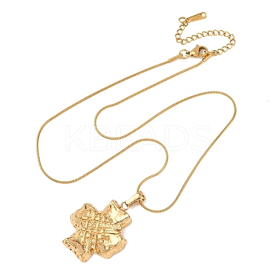 304 Stainless Steel Textured Cross Pendant Snake Chain Necklaces for Women NJEW-F354-04G-1