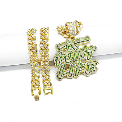 Hiphop Style Zinc Alloy Full Crystal Rhinestone Enamel Green Word Point Life Pendant Cuban Link Chain Necklaces for Men WG9A8ED-01-1
