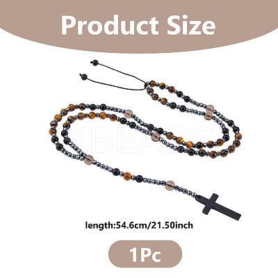 Natural Tiger Eye & Obsidian & Synthetic Hematite & Glass Round Rosary Bead Necklaces NJEW-DC00011-1
