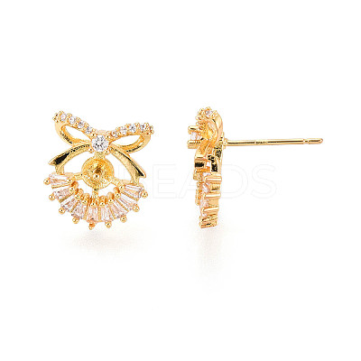 Bowknot Brass Micro Pave Clear Cubic Zirconia Stud Earrings Findings for Half Drilled Beads KK-T071-14G-1
