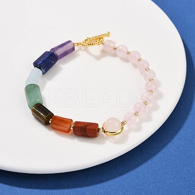 Natural Rose Quartz & Natural Mixed Stone & Brass Round & Prism Beaded Bracelets for Women BJEW-G752-01G-04-1