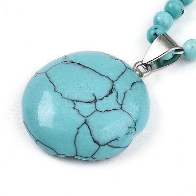 Synthetic Turquoise 4.5mm Round Beaded Flower Pendant Necklaces NJEW-T016-04G-1