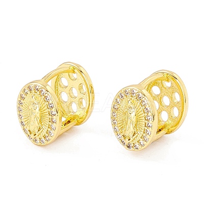 Clear Cubic Zirconia Oval with Virgin Mary Hinged Reversible Hoop Earrings EJEW-I266-03G-1