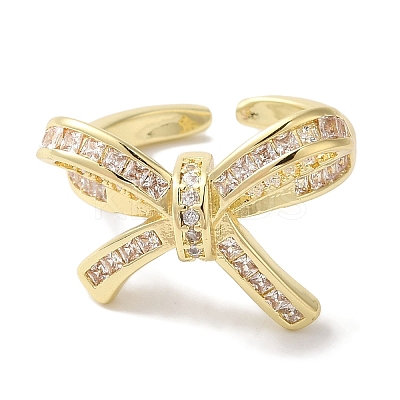 Bowknot Brass Micro Pave Clear Cubic Zirconia Open Cuff Rings for Women RJEW-C098-26G-1