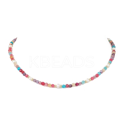 Dyed Faceted Round Natural Agate & Natural Cultured Freshwater Pearl Beaded Necklaces NJEW-JN05817-1