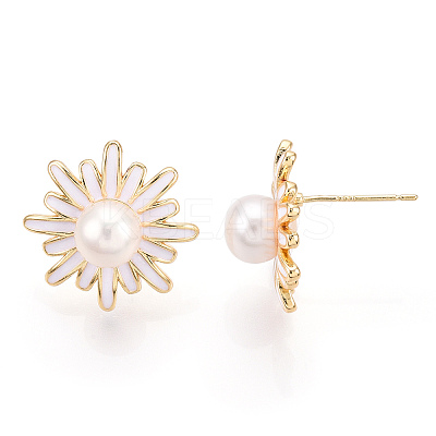 Daisy Flower Natural Pearl Stud Earrings with Enamel PEAR-N020-07G-1