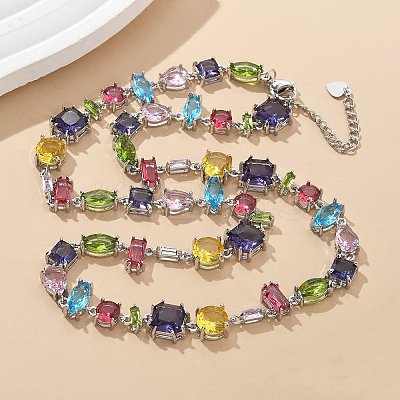 Brass Micro Pave Colorful Cubic Zirconia Link Chain Necklaces NJEW-M089-01P-1
