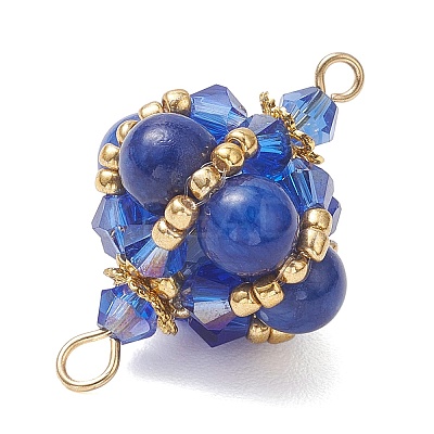 Dyed Natural Yellow Jade Round and Glass Seed Beaded Lantern Links Connector Charms PALLOY-MZ01176-04-1