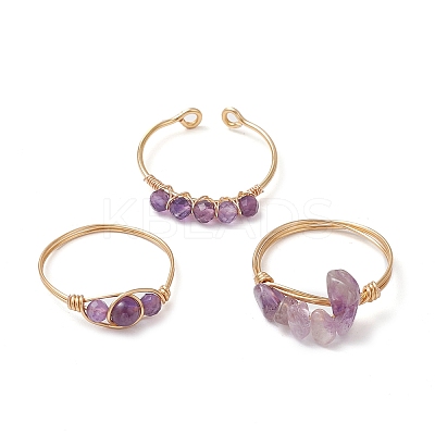 3Pcs Natural  Amethyst Bead Finger Ring RJEW-JR00855-02-1