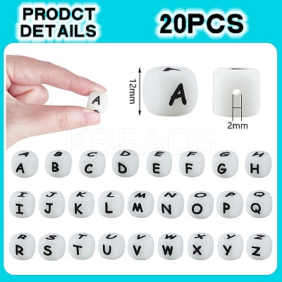 20Pcs Luminous Cube Letter Silicone Beads 12x12x12mm Square Dice Alphabet Beads with 2mm Hole Spacer Loose Letter Beads for Bracelet Necklace Jewelry Making JX437M-1