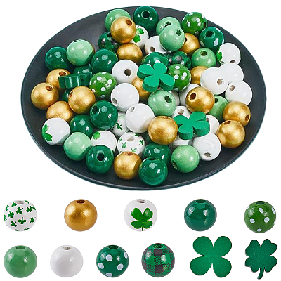 200Pcs 11 Styles Saint Patrick's Day Themed Printed Natural Wooden Beads Sets WOOD-SP0001-28-1