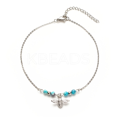 304 Stainless Steel Bees Charm Anklet with Round Natural White Jade Beads for Women AJEW-AN00498-02-1