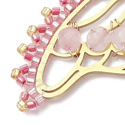 Faceted Round Natural Rose Quartz & Glass Seed Bead Pendants PALLOY-MZ00219-1