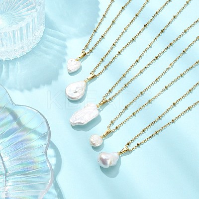 Natural Baroque Pearl Keshi Pendant 304 Stainless Steel Satellite Chain Necklaces NJEW-JN06161-1