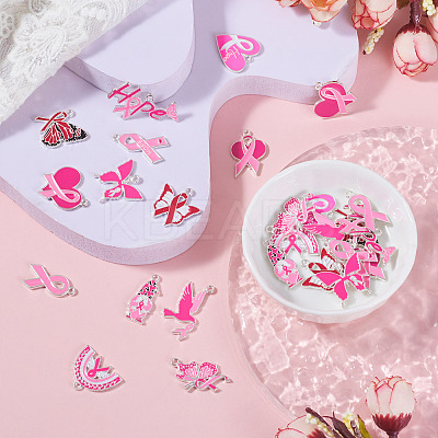 26Pcs 13 Styles Breast Cancer Pink Awareness Ribbon Theme Alloy Enamel Pendants ENAM-TA0001-93-1