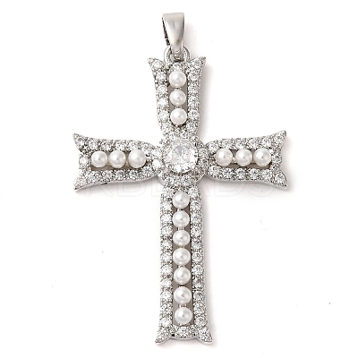 Rack Plating Brass Micro Pave Cubic Zirconia Pendants and ABS Imitation Pearl KK-H476-04P-RS-1