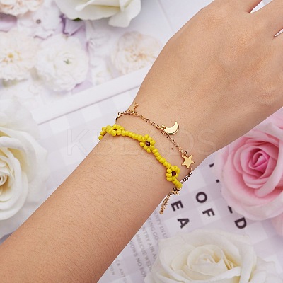 Glass Seed Braided Flower Multi-strand Bracelet BJEW-SW00069-01-1