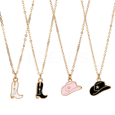 4Pcs 4 Styles Cowboy Theme Hat & Shoes Alloy Enamel Pendant Necklaces Set for Women NJEW-FI0001-10-1