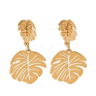 304 Stainless Steel Dangle Leaf Stud Earrings EJEW-F393-05G-1