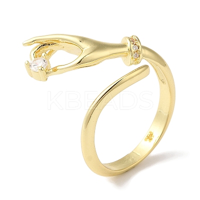 Brass Micro Pave Clear Cubic Zirconia Hand Open Cuff Rings for Women RJEW-C098-14G-1