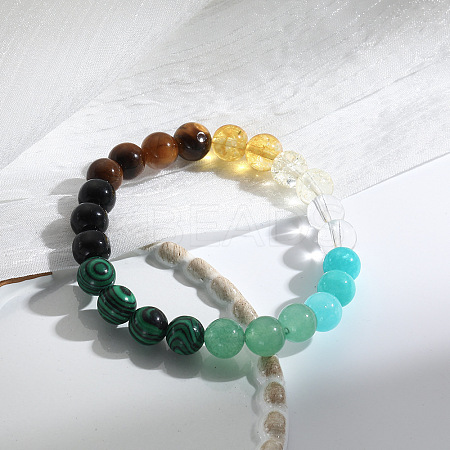 Natural Tiger Eye & Amazonite & Synthetic Malachite & Glass Round Bead Stretch Bracelets WG6A8BD-06-1