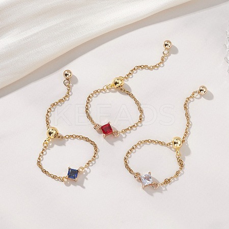 3Pcs Adjustable Brass Pave Glass Rhombus Links & 304 Stainless Steel Cable Chains Silder Finger Rings RJEW-JR00975-1