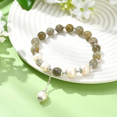 Natural Labradorite & Natural Pearl Bead Charm Bracelets BJEW-JB14141-02-1