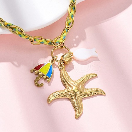 Starfish & Umbrella 304 Stainless Steel Enamel Pendant Necklaces NJEW-L465-07G-1