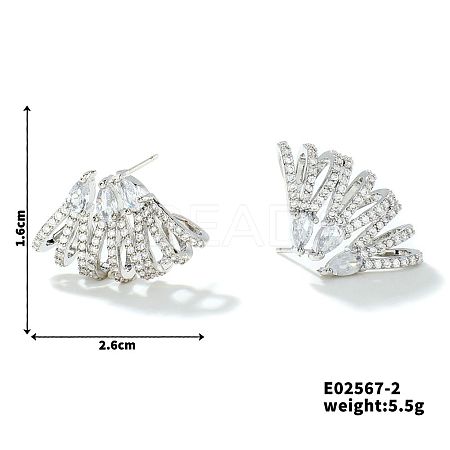 Geometric Copper Fan-shaped Luxury Zircon Stud Earrings QJ0345-2-1