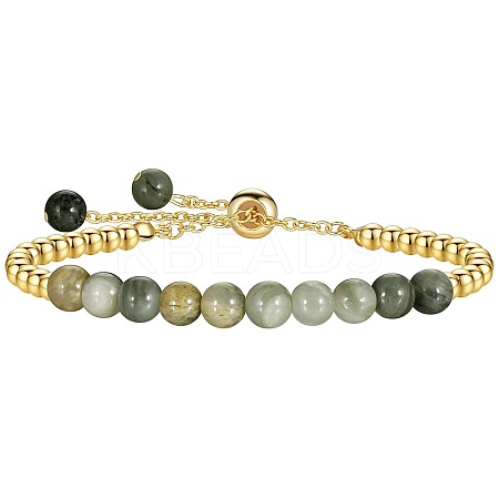 Natural Green Line Jasper 304 Stainless Steel Round Beaded Adjustable Slider Bracelets for Men Women AW1156-7-1