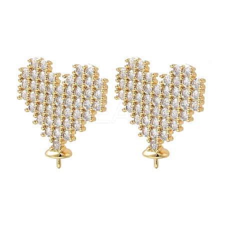 Brass Micro Pave Clear Cubic Zirconia Heart Stud Earring Findings KK-D431-043G-1