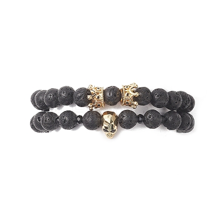 2Pcs 2 Style Natural Lava Rock & Brass Beaded Stretch Bracelets Set BJEW-JB09244-04-1