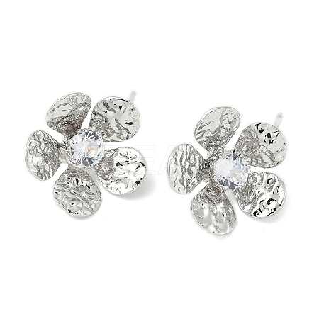 Flower Brass Micro Pave Cubic Zirconia Stud Earring Findings KK-M326-08P-1