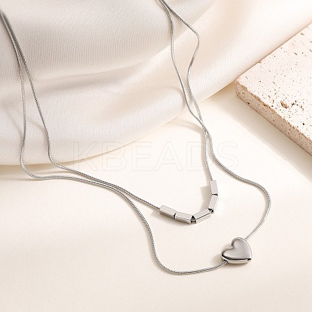 304 Stainless Steel Heart Pendant Double Layer Necklaces for Women LS-NJEW-K298-01P-1