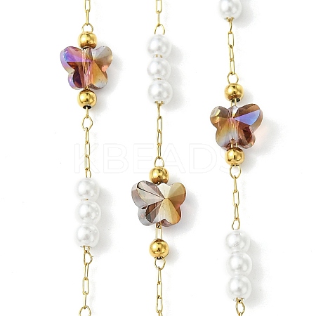 10M Ion Plating(IP) 304 Stainless Steel & ABS Plastic Pearl Bead & Butterfly Glass Link Chains CHS-G035-04G-03-1