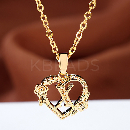 Brass Rose Flower Heart with Letter Pendant Cable Chain Necklaces FS-WG42461-24-1