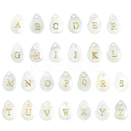 26Pcs 26 Styles Natural Shell Teardrop Charms with Golden Tone Metal Letter Slices SHEL-CJ0001-33-1