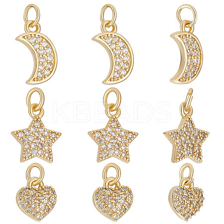 12Pcs 3 Style Brass Micro Pave Clear Cubic Zirconia Charms KK-BBC0007-24-1