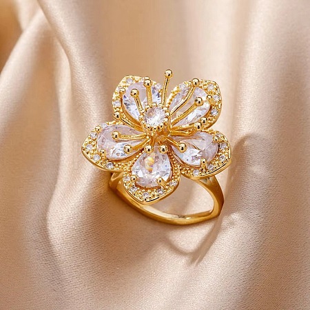 Brass Pave Clear Cubic Zirconia Cuff Rings for Women RJEW-S621-01G-1