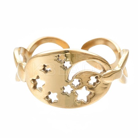 304 Stainless Steel Moon and Star Open Cuff Ring RJEW-T023-12G-1