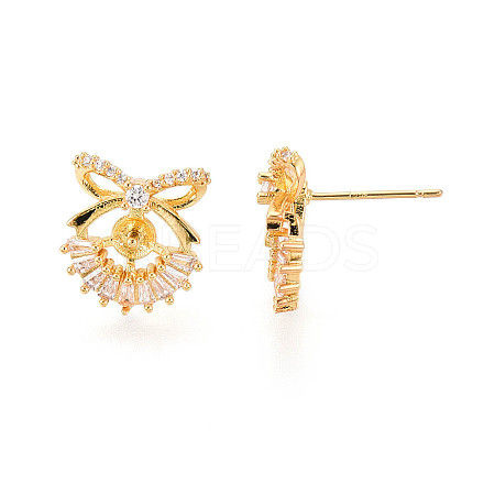 Bowknot Brass Micro Pave Clear Cubic Zirconia Stud Earrings Findings for Half Drilled Beads KK-T071-14G-1