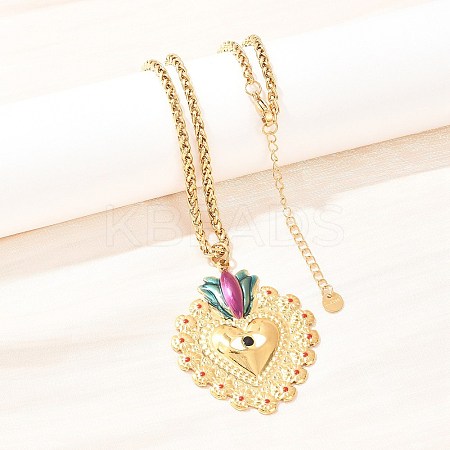 304 Stainless Steel Enamel Heart Pendant Wheat Chain Necklaces NJEW-P430-04A-G-1