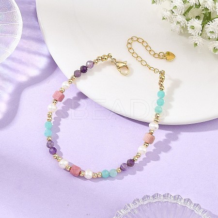 Natural Mixed Gemstone Faceted Round and Cube Beaded Bracelets with Natural Pearl & Brass End Chains BJEW-JB14336-01-1