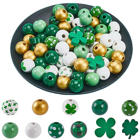 200Pcs 11 Styles Saint Patrick's Day Themed Printed Natural Wooden Beads Sets WOOD-SP0001-28-1