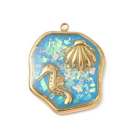 304 Stainless Steel Epoxy Resin with Natural Shell and Sequins Inside Pendants STAS-L026-17G-N03-1