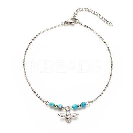304 Stainless Steel Bees Charm Anklet with Round Natural White Jade Beads for Women AJEW-AN00498-02-1